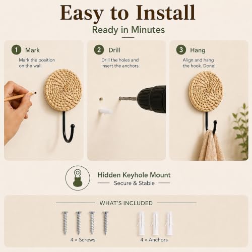 Large Decorative Wall Hooks 2 Pack Woven Rattan Boho Coat Hooks - Image 5