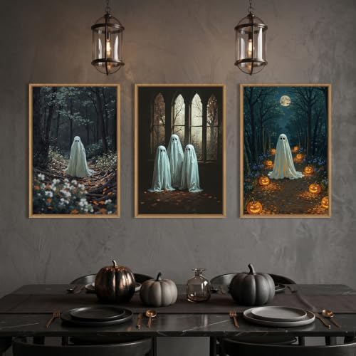 Ausril Vintage Halloween Cute Ghost Framed Wall Art Set, Scary Forest Pumpkin - Image 3