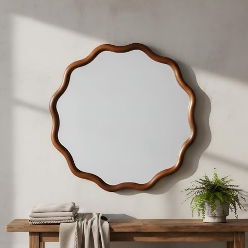 GDFStudio 36 Inch Wavy Round Solid Wood Frame Mirror, Bohemian Decorative Wall - Image 2