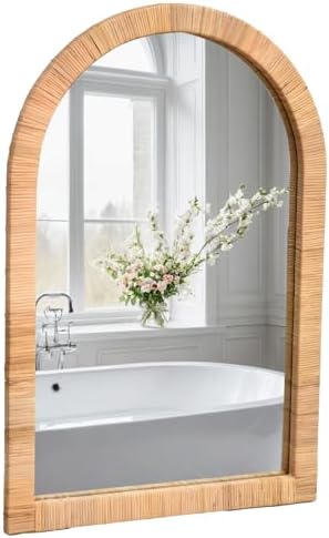 FUIN Boho Rattan Wall Mirror 20×30 Inch Arched Natural Rattan Frame – Farmhouse by FUIN