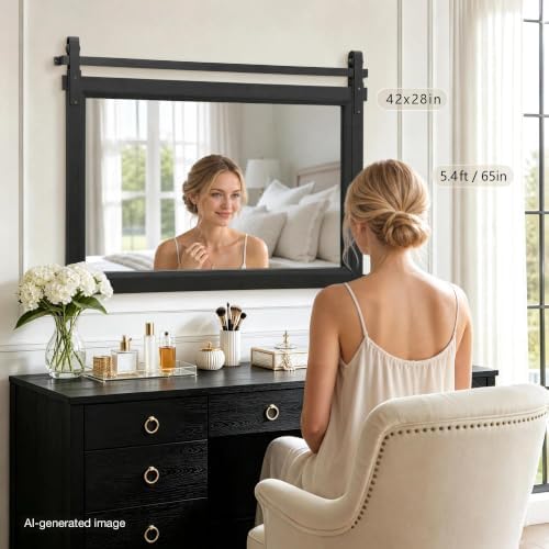 Besdomus Farmhouse Bathroom Vanity Mirror: 42"x28" Black Rustic Barn Door - Image 3