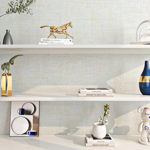 FunStick 15.8"x472" Grasscloth Wallpaper Peel and Stick Textured Blue and Gold - Image 5