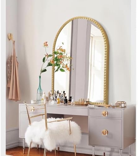 Gold Arched Mirrors for Wall, Beaded Framed Metal Accent Wall Mirror Decorative - Image 5