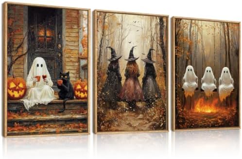 HLNIUC Framed Halloween Canvas Wall Art, Dark Witch Crow Raven Prints, Horror by HLNIUC