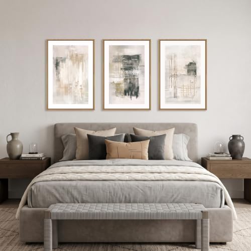 Large Neutral Abstract Beige Framed Canvas Wall Art Set -24"x36"x3 - Image 4