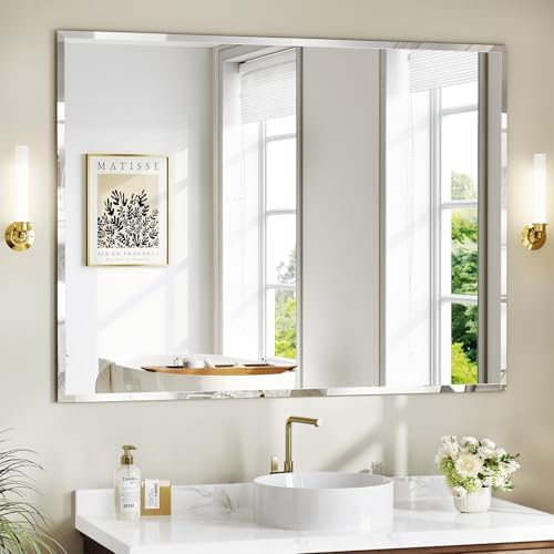 36"x48" Frameless Bathroom Mirror, Beveled Bathroom Vanity Mirror by Mestikits
