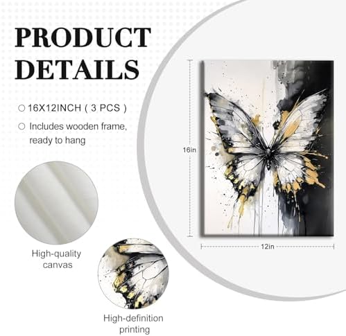NCCXNCC 3Pcs Abstract Black and Gold Flowing Butterfly Canvas Wall Art - Image 5