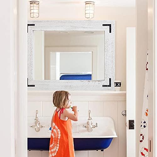 YOSHOOT Rustic Wooden Framed Wall Mirror, Natural Wood Bathroom Vanity Mirror - Image 5