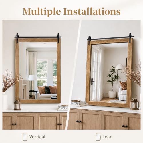 Farmhouse Bathroom Vanity Mirror, 40”x 26” Wood Barn Door Mirror, Light Brown - Image 7