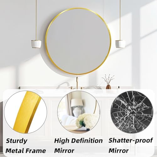 Gold Circle Mirror 24 inch, Round Mirror, Brushed Gold Metal Frame - Image 2