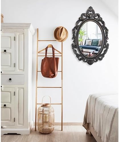 Oval Mirror Black Wooden Hanging Mirrors Carved Wall Mirror Baroque Style Frame - Image 5
