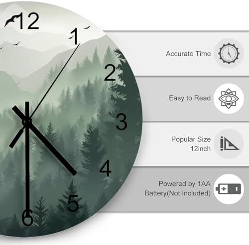 Forest Wall Clock Silent Non Ticking Battery Operated, Watercolor Green Forest - Image 3