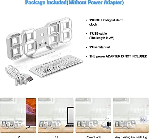 3D LED Digital Wall Desk Alarm Clock 9.5 Inch, 3 Brightness 12/24H Temp White - Image 5