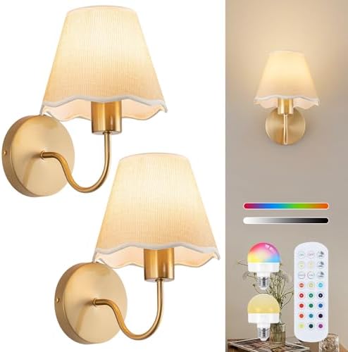 ADISUN Battery Operated Wall Sconce Set of 2, Cream Rattan Shade, Wireless Wall by ADISUN