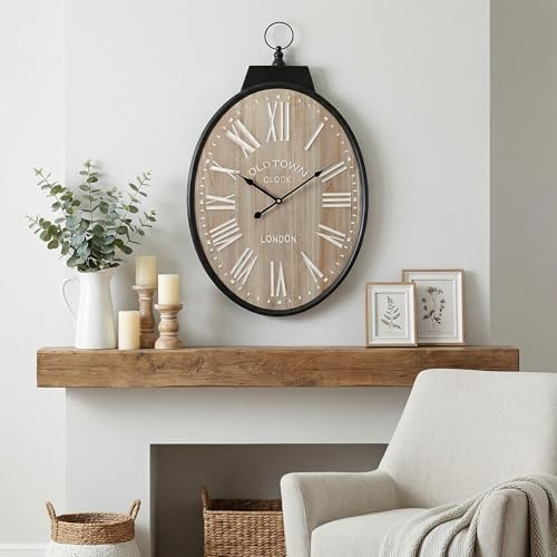 Large Oval Wall Clock 25 Inch, Rustic Farmhouse Wooden Decorative Clock - Image 6