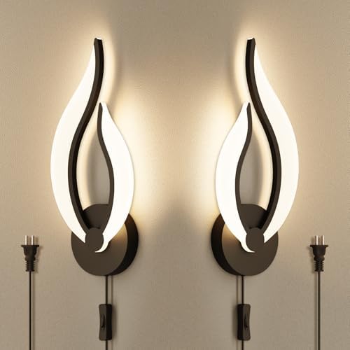 Modern LED Wall Lamps for Bedrooms Set of 2 Black Plug in Wall Light Fixtures by PasoarLightting