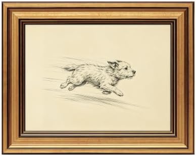 IMNTSD Framed Vintage Running Dog Sketch Wall Art, Antique Pencil Drawing Puppy by IMNTSD