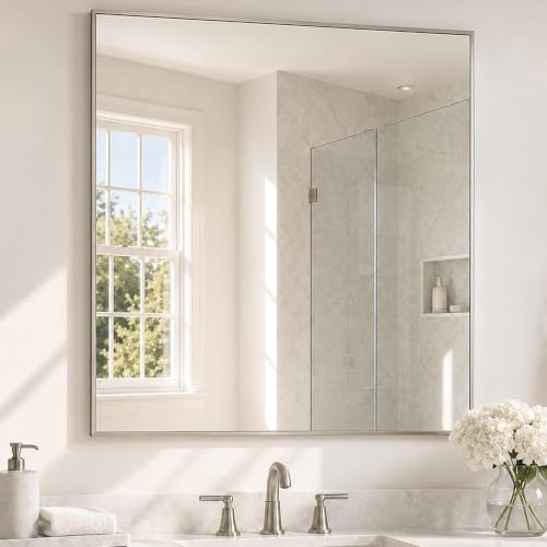 36"x36" Brushed Nickel Framed Square Bathroom Vanity Wall Mirror by Pocetry