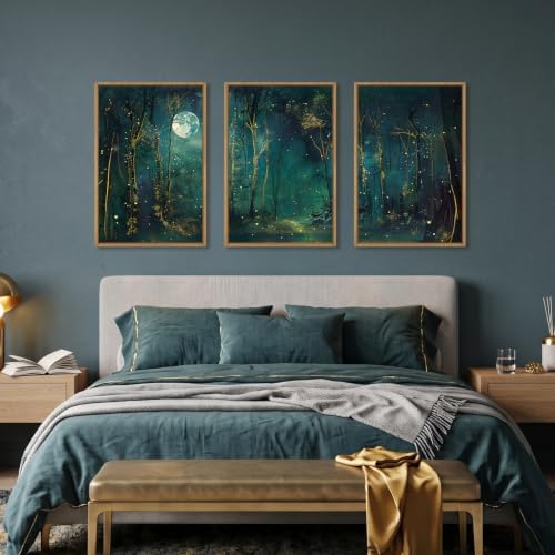 Mystical Dark Green Night Sky Framed Canvas Wall Art Set, Moody Magical - Image 5