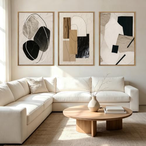 Large Abstract Paintings Framed Neutral Canvas Prints Mid Century Modern Wall by BINCUE