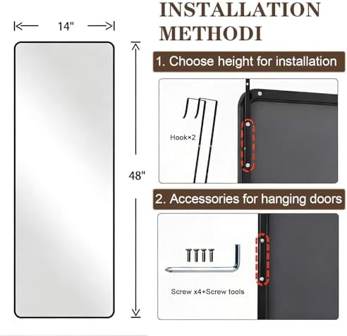 DMWOODFL 14"x48" Full Length Over The Door Mirror, Aluminum Alloy Frame Full - Image 2