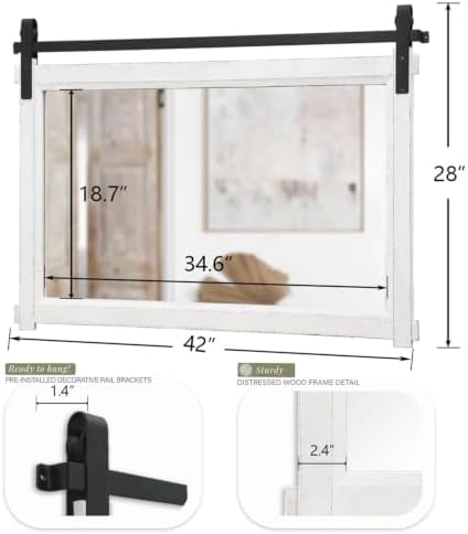 Besdomus Farmhouse Bathroom Vanity Mirror: 42"x28" White Rustic Barn Door - Image 2