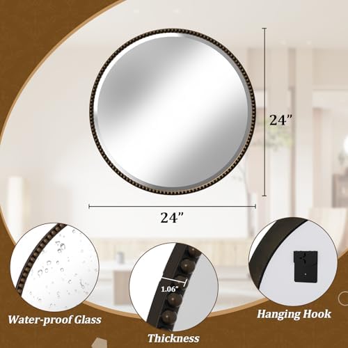 24'' Round Bathroom Mirror, Beaded Circle Decorative Wall Mirror - Image 5