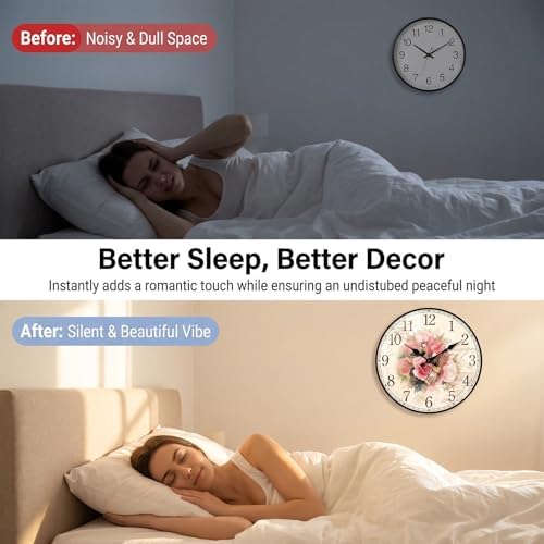 12in Wooden Floral Wall Clock Battery Operated Silent Home Decor - Image 4