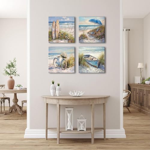 Coastal Beach Canvas Wall Art Blue Seaside Flower Landscape Wall Decor - Image 3