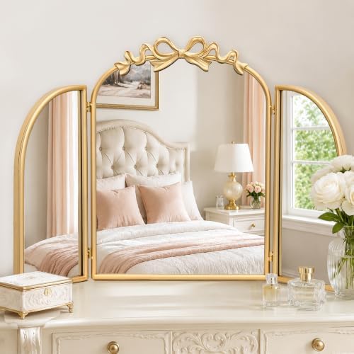 Besdomus Bow 3 Way Vanity Mirror: 36"x24" Gold Large Vintage Trifold Mirror by Besdomus