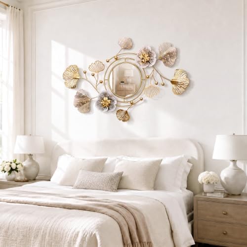 59" Large 3D Ginkgo Floral Metal Wall Decor Mirror - Image 6