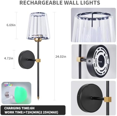 Set of 2 Battery‑Operated Wall Sconces, Rechargeable Wireless Wall Lights - Image 2