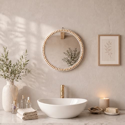 Glooglitter 15 Inch Boho Round Wall Mirror, Beaded Wood Frame Hanging Mirror - Image 4