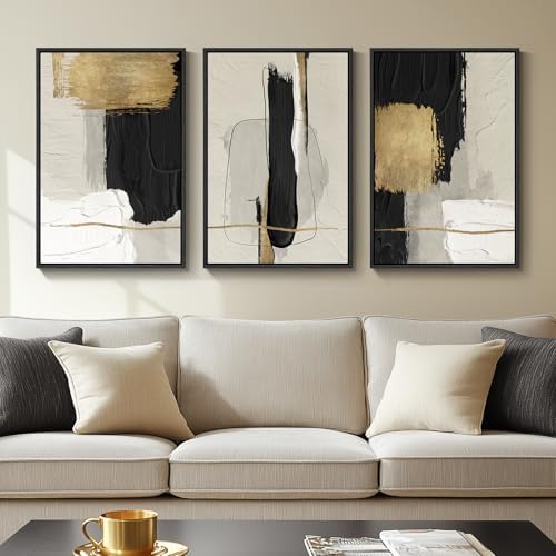 Framed Black and White Abstract Wall Art Set, 3 Piece Modern Canvas Prints by Cuspin