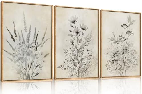 Large Neutral Flower Botanical Framed Canvas Wall Art, Boho Wildflowers Ink - Image 6