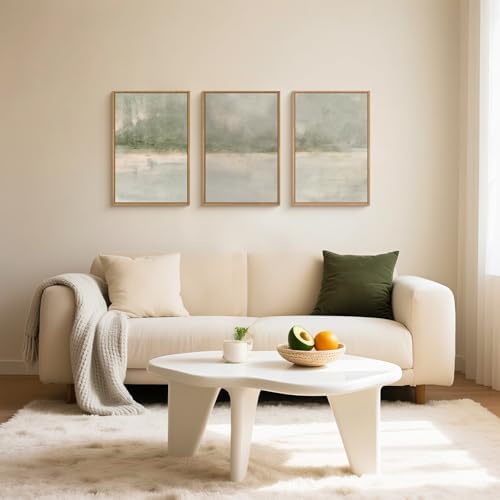 FWIEXA Grey Green Abstract Canvas Wall Art Set, Neutral Landscape Framed Prints - Image 3