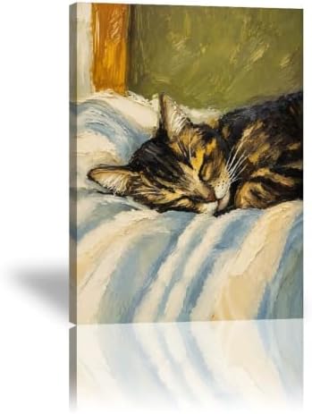 Cat Poster Sleeping Cat Oil Painting Cozy Vintage Canvas Wall Art by Unknown