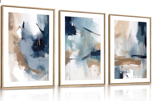 LHIUEM Large Abstract Navy Blue Framed Canvas Wall Art, Neutral Brush Stroke by LHIUEM