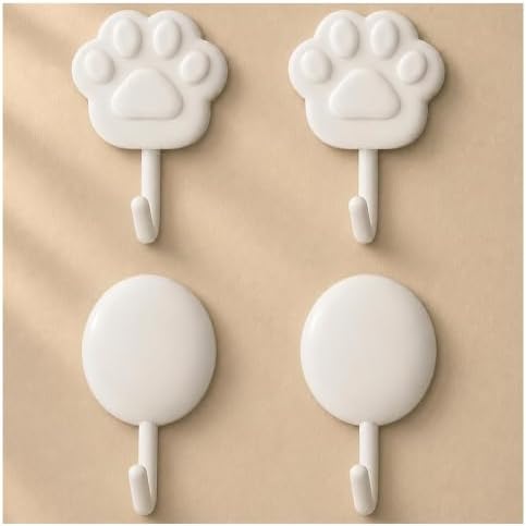 White Self Adhesive Wall Hooks, Paw and Oval Mixed Design, No Damage 4Pack by Unknown
