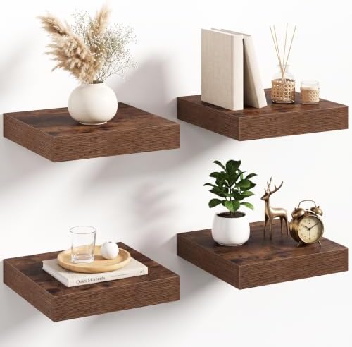 8in Square Floating Shelves 4 PCs, Wall Mounted Display Shelf, Rustic Brown by Acovy