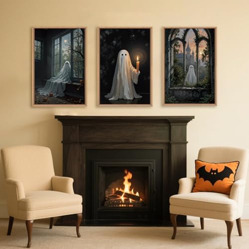 LHIUEM Large Halloween Cute Ghost Framed Canvas Wall Art Set, Vintage Spooky - Image 4