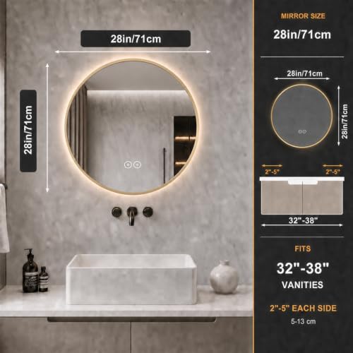 LAIYA 28 Inch Gold Round LED Bathroom Mirror, Anti Fog, 3 Colors - Image 2