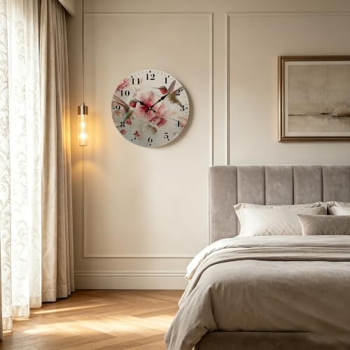 12" Silent Wall Clock, Round Wall Clock, Hummingbird and Pink Flowers - Image 6