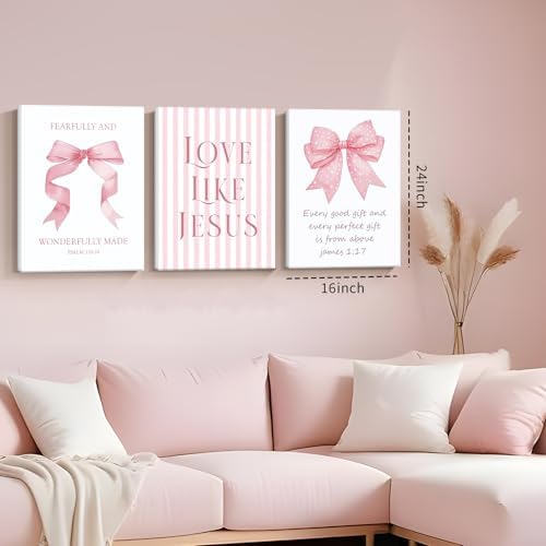3 Piece Pink Bows Wall Art for Girls Room College Gifts for Girls 16x24 In - Image 6