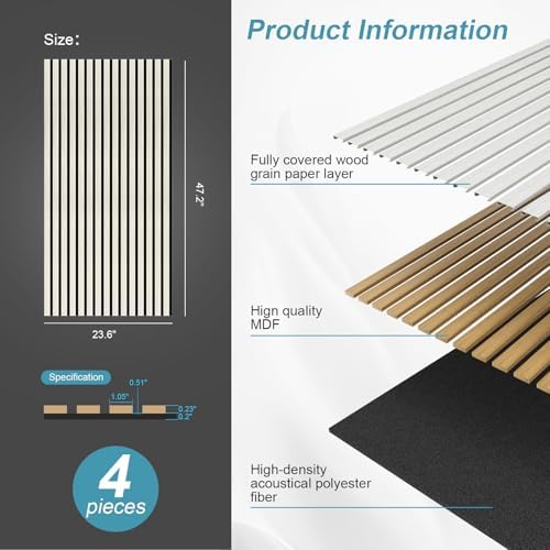 Wood Slat Acoustic Wall Panels, 4 Pack, 47.2 x 23.6 in - Image 5