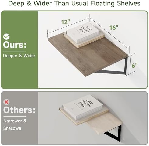 Heimlove 16W x 12D Deep Floating Shelves Set of 4 Grey - Image 3