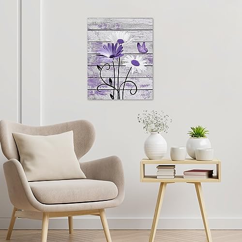 HVEST Vintage Floral Canvas Wall Art Purple and White Daisy Butterfly on - Image 2