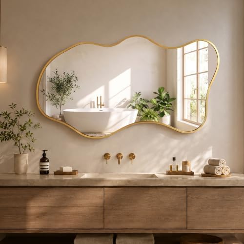 26"x46" Irregular Gold Wall Mirror, Wavy Asymmetrical Mirror by Unknown