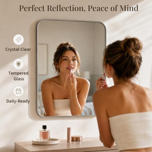 30x36 Inch Brushed Nickel Rounded Rectangle Bathroom Vanity Mirror - Image 4