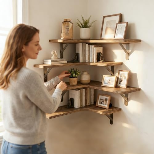 Corner Floating Shelves, Wood Corner Shelves Rustic Brown - Image 6